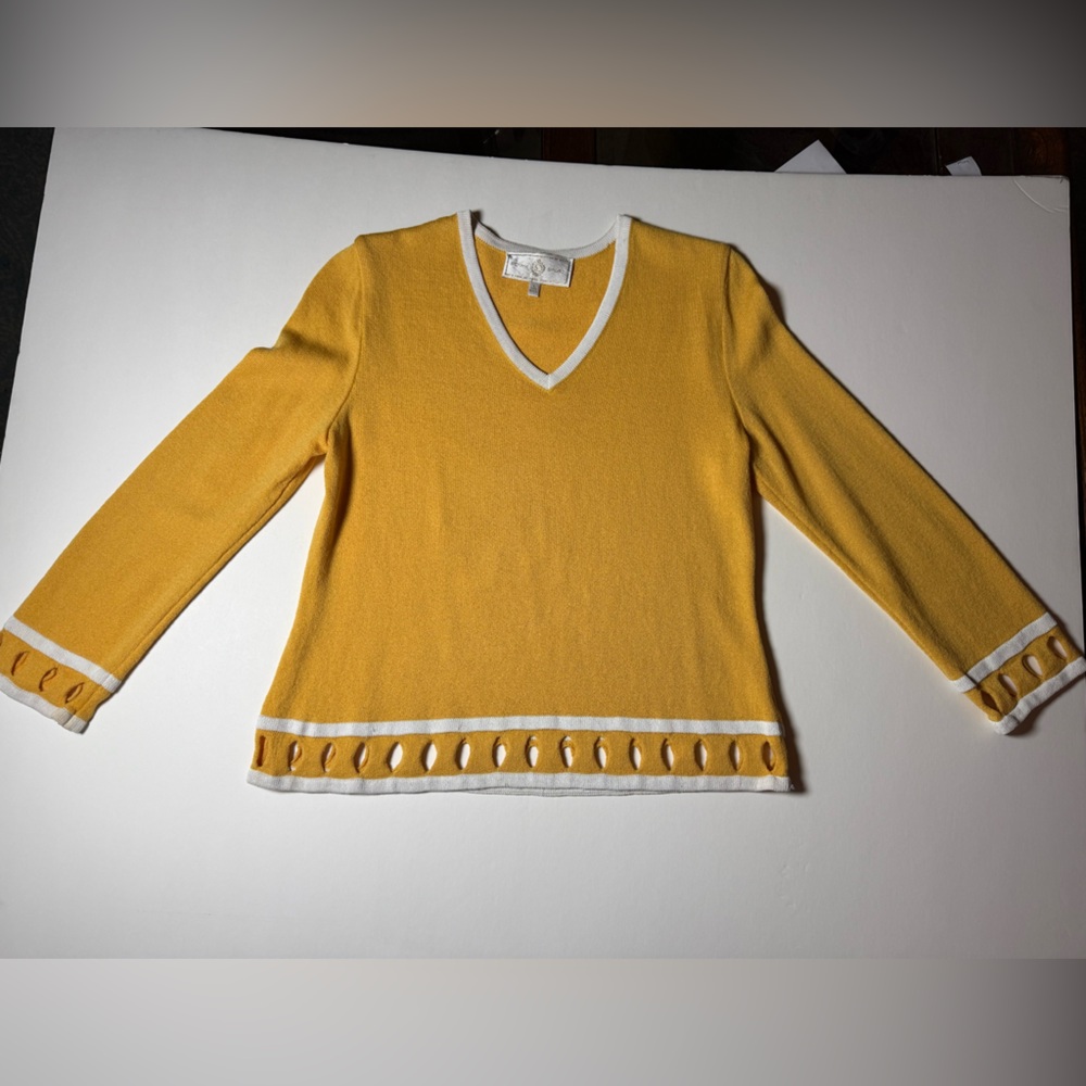 St. John sport yellow knit sweater V-neck cutout hem wool blend made in USA.